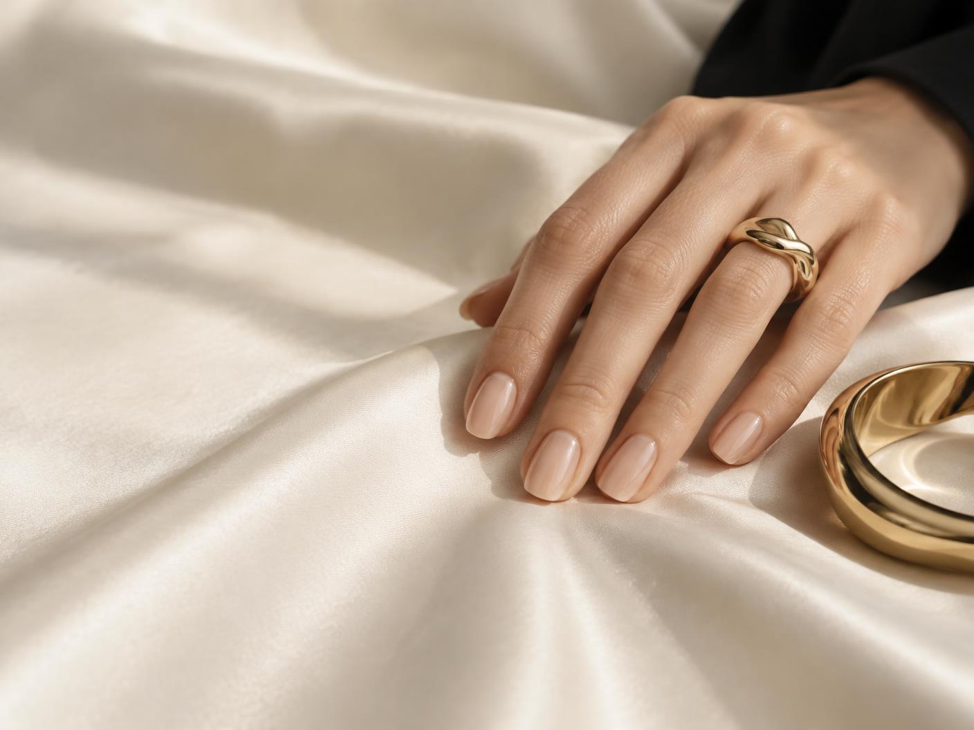 Elegant nude manicure with champagne gold jewelry